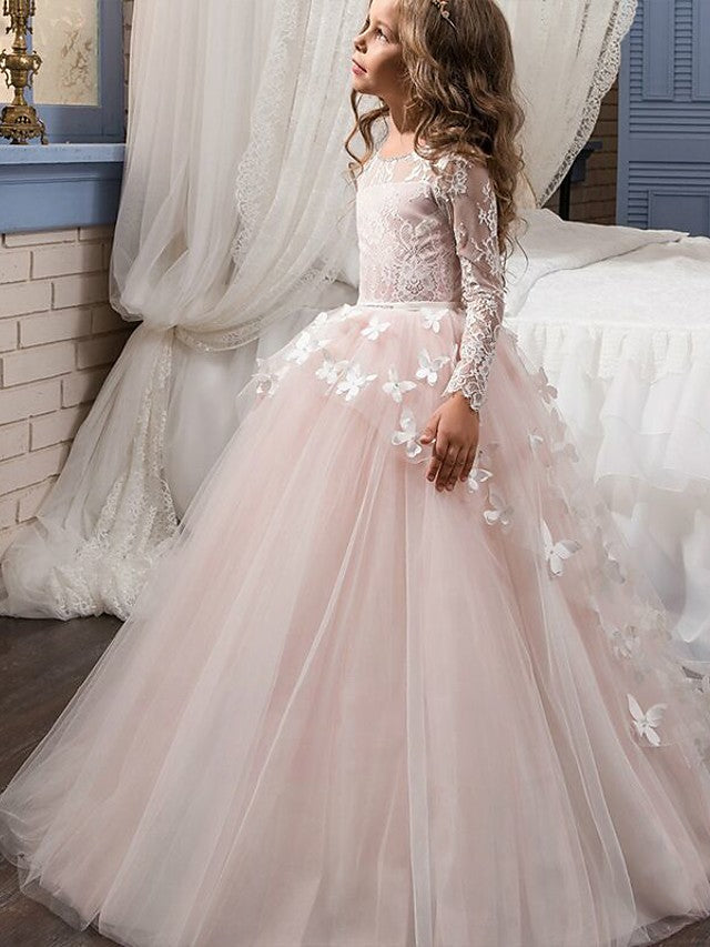 Lace Ball Gown with Bow Appliques and Buttons - Long Sleeve Jewel Neck Flower Girl Dress-BallBride