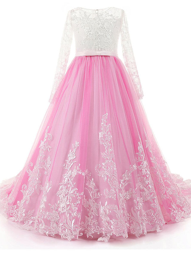 Lace Beading Appliques Buttons Ball Gown Sweep / Brush Train Flower Girl Dress-BallBride