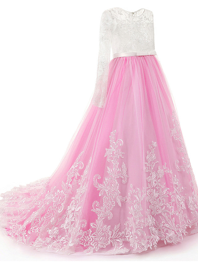 Lace Beading Appliques Buttons Ball Gown Sweep / Brush Train Flower Girl Dress-BallBride