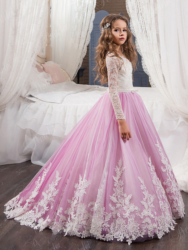 Lace Beading Appliques Buttons Ball Gown Sweep / Brush Train Flower Girl Dress-BallBride