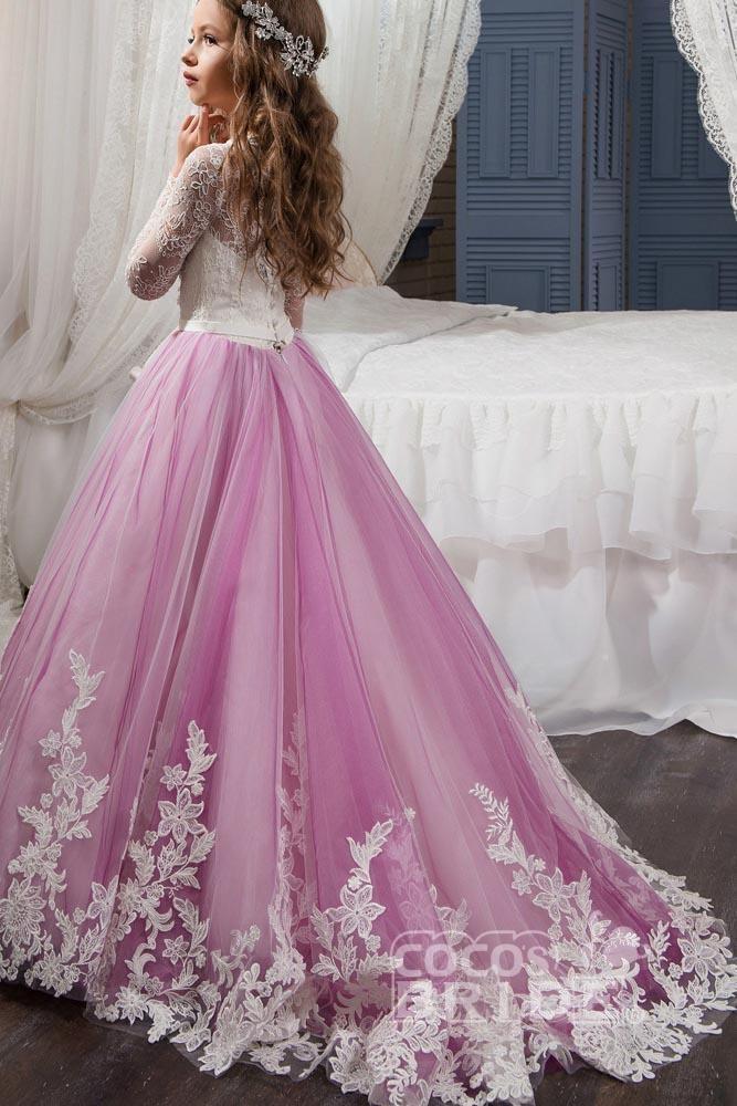 Lace Buttoned Scoop Neck Long Sleeve Ball Gown Flower Girl Dress-BallBride