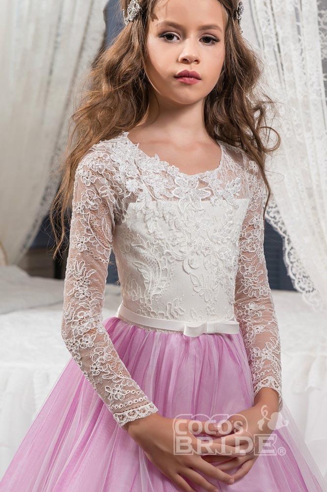 Lace Buttoned Scoop Neck Long Sleeve Ball Gown Flower Girl Dress-BallBride