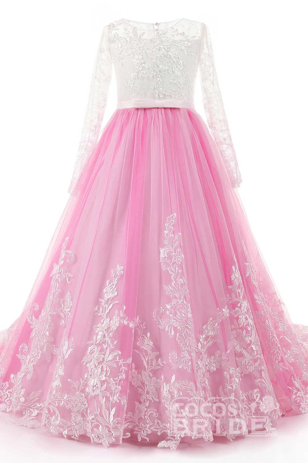 Lace Buttoned Scoop Neck Long Sleeve Ball Gown Flower Girl Dress-BallBride