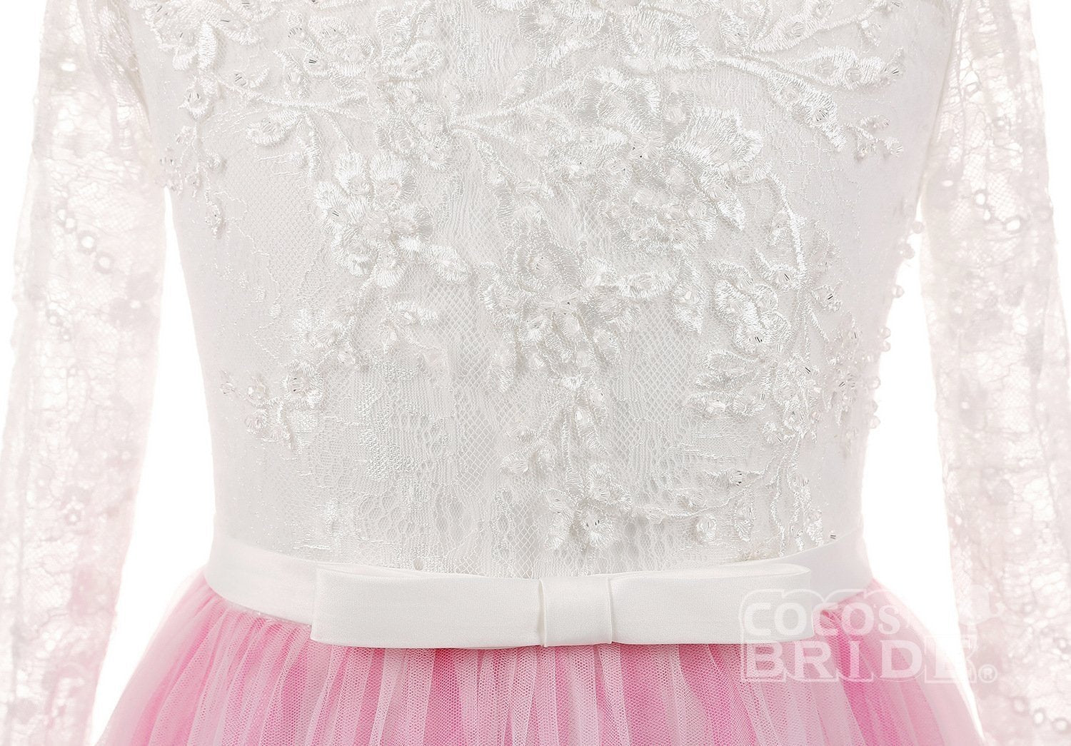 Lace Buttoned Scoop Neck Long Sleeve Ball Gown Flower Girl Dress-BallBride