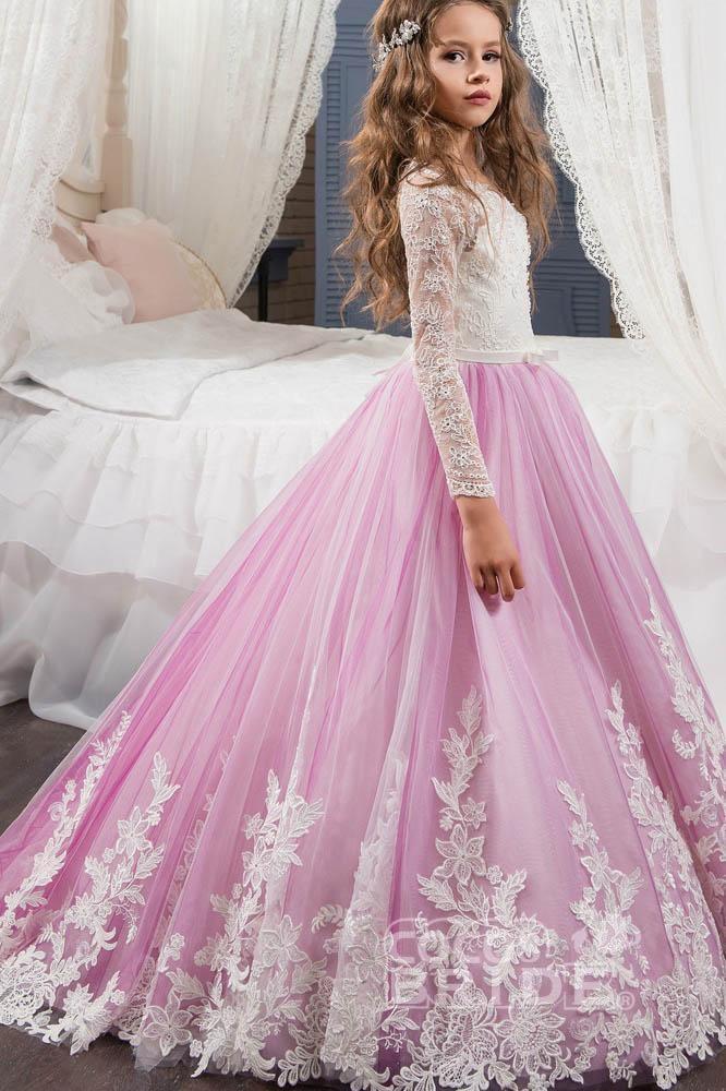 Lace Buttoned Scoop Neck Long Sleeve Ball Gown Flower Girl Dress-BallBride