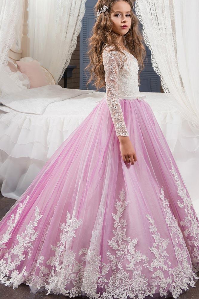 Lace Buttoned Scoop Neck Long Sleeve Ball Gown Flower Girl Dress-BallBride