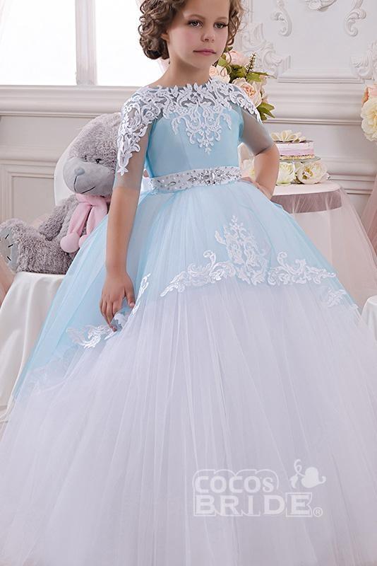 Lace Buttons Scoop Neck 1/2 Sleeve Ball Gown Flower Girls Dress-BallBride