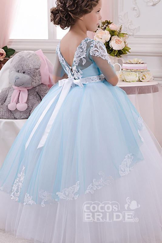 Lace Buttons Scoop Neck 1/2 Sleeve Ball Gown Flower Girls Dress-BallBride