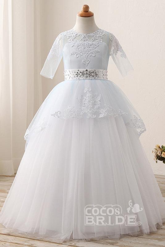 Lace Buttons Scoop Neck 1/2 Sleeve Ball Gown Flower Girls Dress-BallBride