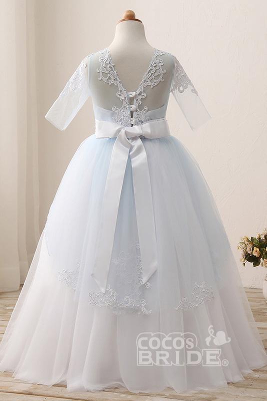 Lace Buttons Scoop Neck 1/2 Sleeve Ball Gown Flower Girls Dress-BallBride
