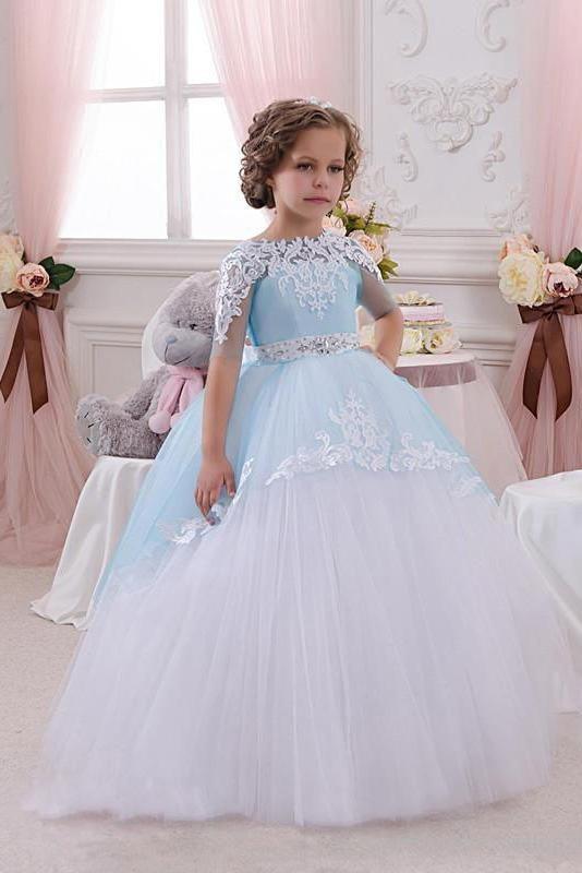 Lace Buttons Scoop Neck 1/2 Sleeve Ball Gown Flower Girls Dress-BallBride