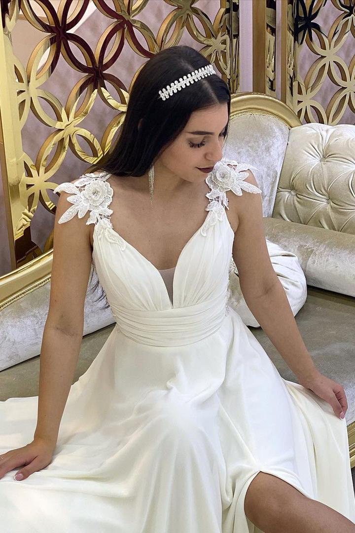 Lace Chiffon A-line V-neck Split Wedding Dress-BallBride