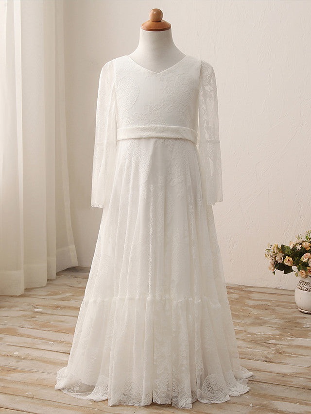 Lace Cotton 3/4 Length Sleeve V Neck Flower Girl Dress-BallBride