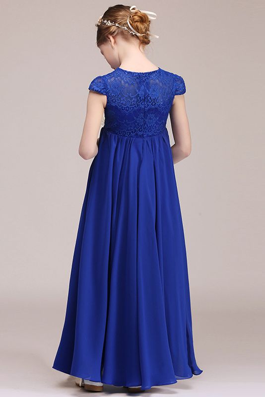 Lace Embellished Royal Blue Illusion Neck Flower Girl Dress-BallBride