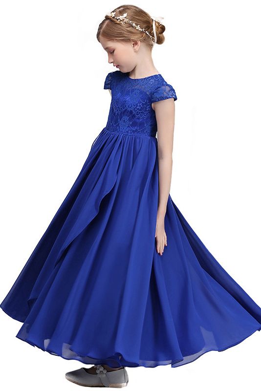 Lace Embellished Royal Blue Illusion Neck Flower Girl Dress-BallBride