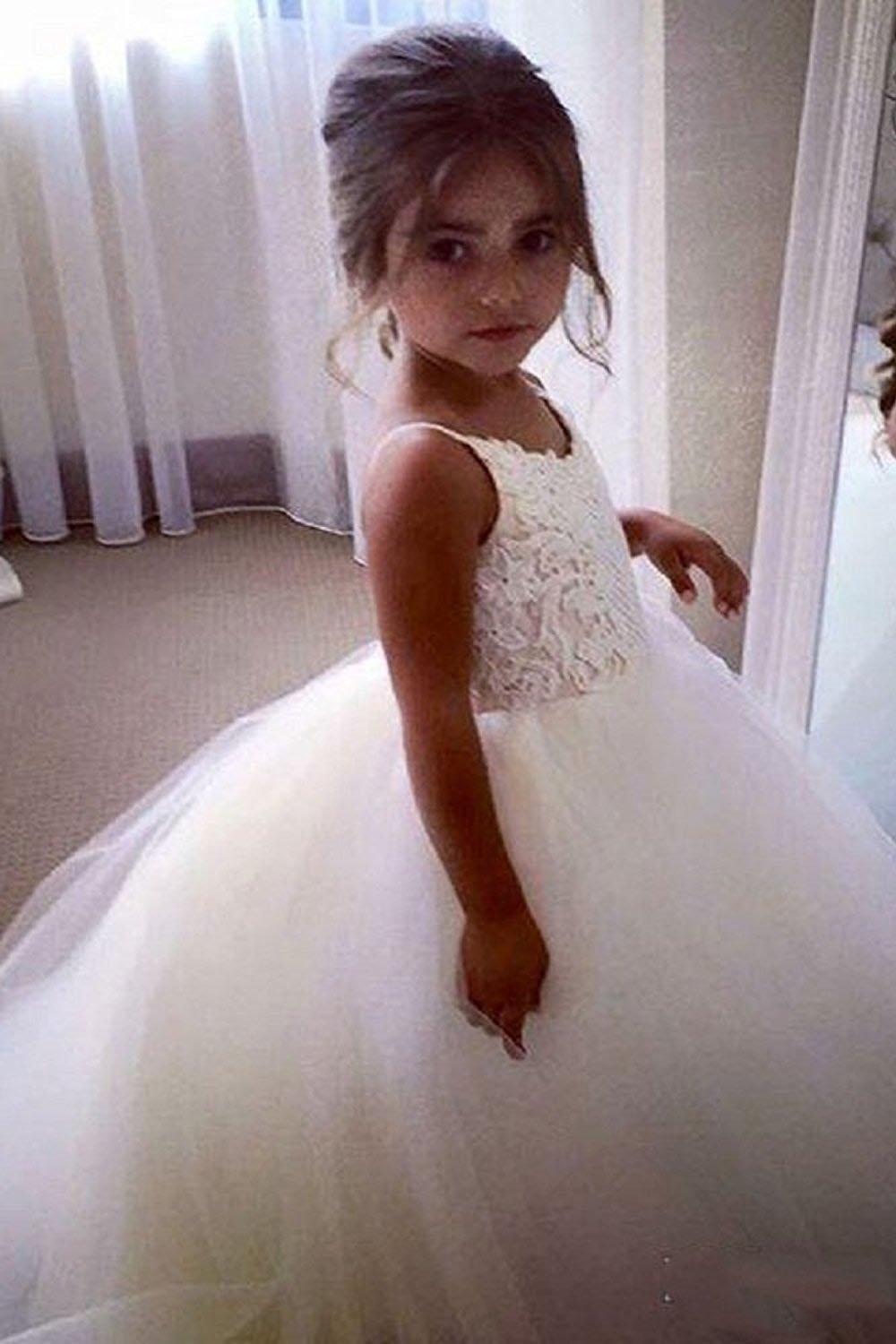 Lace-Embellished Square Neckline Sleeveless Ball Gown Flower Girl Dress-BallBride