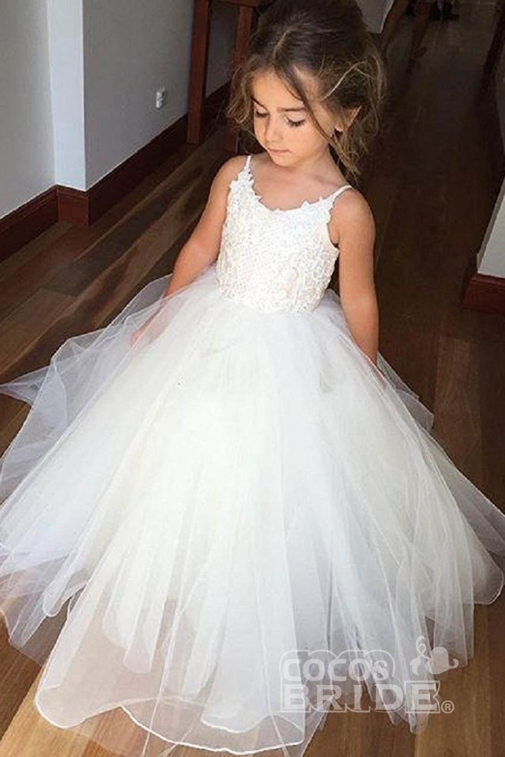 Lace-Embellished Square Neckline Sleeveless Ball Gown Flower Girl Dress-BallBride