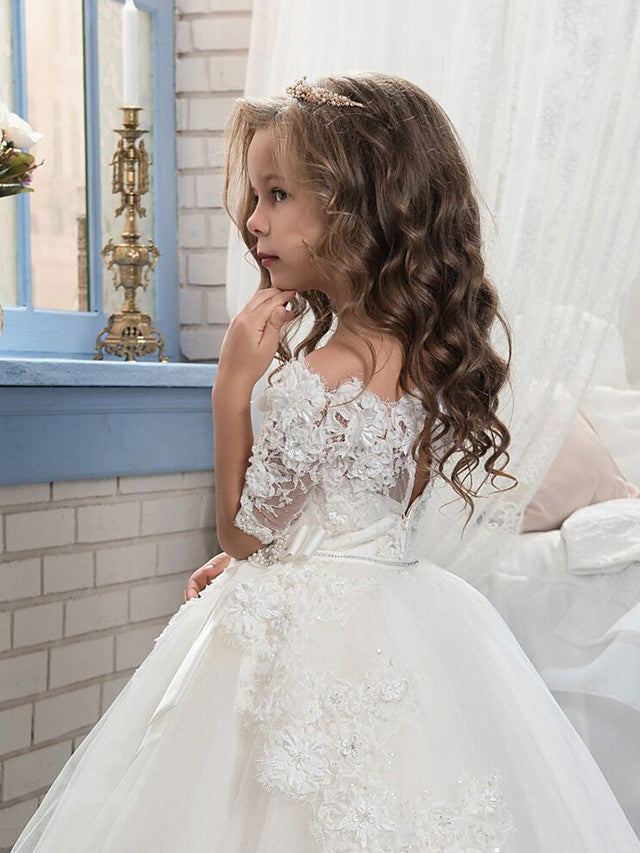 Lace Half Sleeve Ball Gown Flower Girl Dresses with Tulle Appliques and Buttons-BallBride
