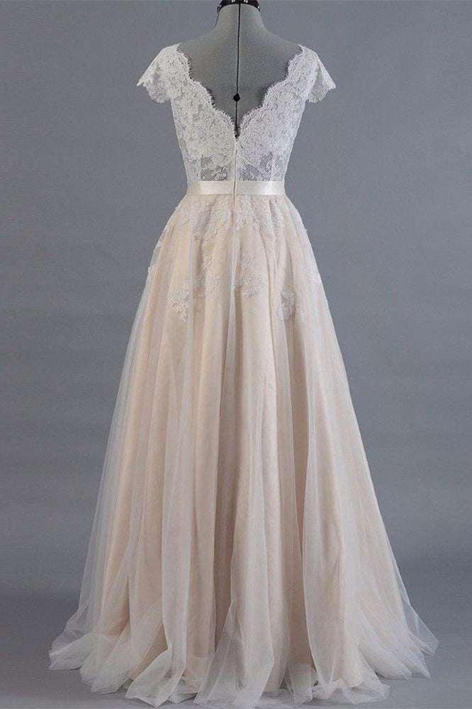 Lace Long Wedding Dress with Short Sleeves-BallBride