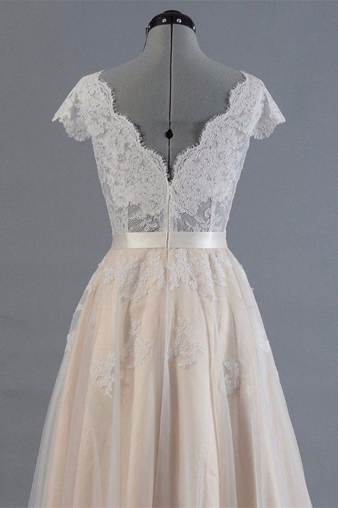 Lace Long Wedding Dress with Short Sleeves-BallBride