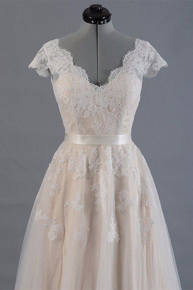 Lace Long Wedding Dress with Short Sleeves-BallBride