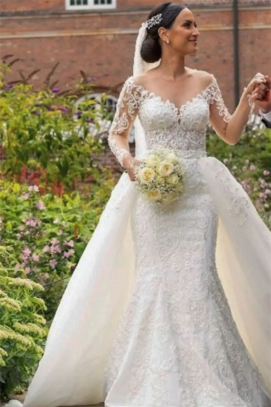 Lace Mermaid Appliques Wedding Dress with Detachable Skirt and V-Neck Long Sleeves-BallBride