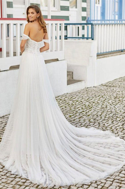 Lace Off-the-Shoulder Split Wedding Dress-BallBride