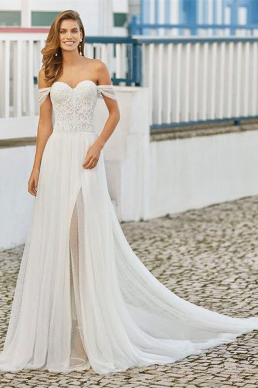 Lace Off-the-Shoulder Split Wedding Dress-BallBride