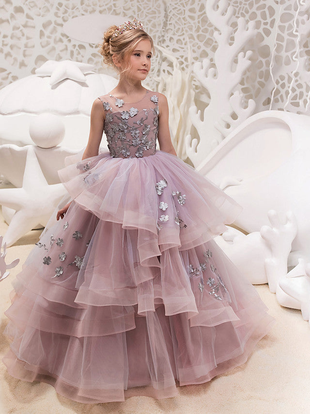 Lace Organza Tulle Maxi Dress for Flower Girls - Sleeveless Jewel Neck with Lace Appliques and Buttons-BallBride