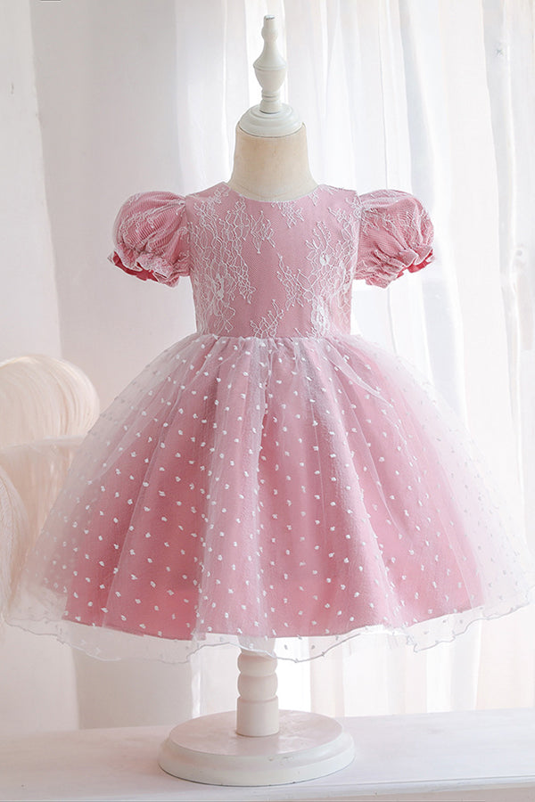 Lace Pink Short Sleeve Jewel Flower Girl Dress with Appliques-BallBride