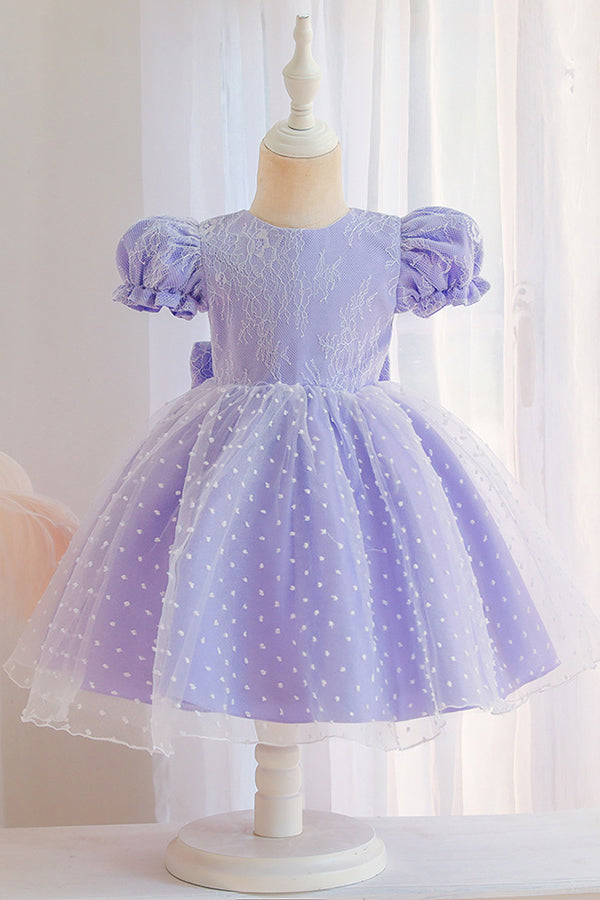 Lace Pink Short Sleeve Jewel Flower Girl Dress with Appliques-BallBride