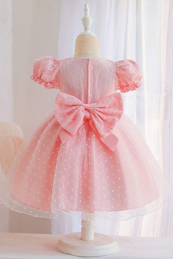 Lace Pink Short Sleeve Jewel Flower Girl Dress with Appliques-BallBride