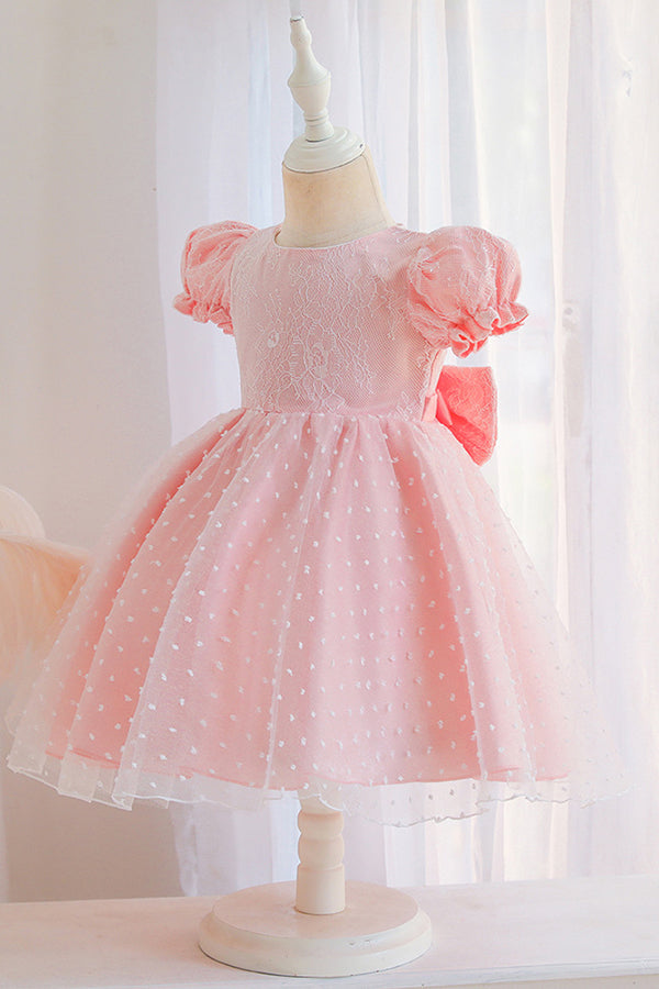 Lace Pink Short Sleeve Jewel Flower Girl Dress with Appliques-BallBride