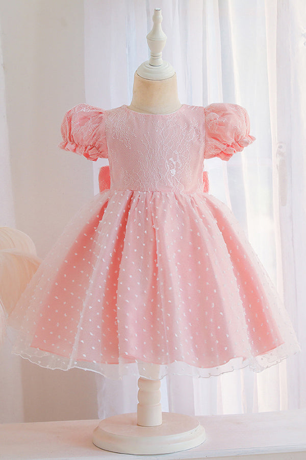 Lace Pink Short Sleeve Jewel Flower Girl Dress with Appliques-BallBride