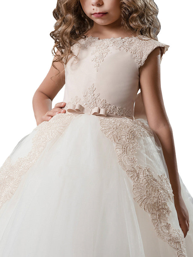 Lace Princess Cap Sleeves Flower Girls Dresses for Floor-length Occasions-BallBride