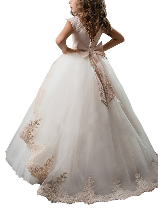 Lace Princess Cap Sleeves Flower Girls Dresses for Floor-length Occasions-BallBride