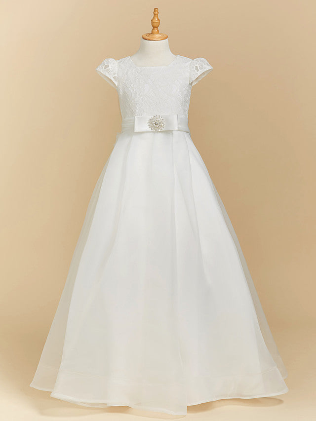 Lace Satin A-Line Dress with Bow - Short Sleeve Square Neck Flower Girl Dress-BallBride