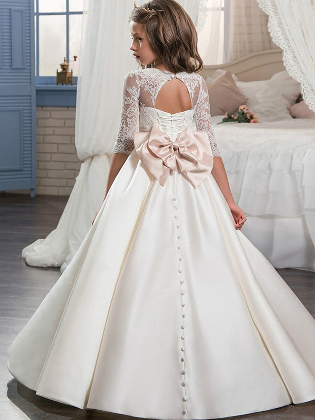 Lace Satin Half Sleeve V Neck Ball Gown Flower Girl Dress With Beading Appliques Crystals & Rhinestones-BallBride
