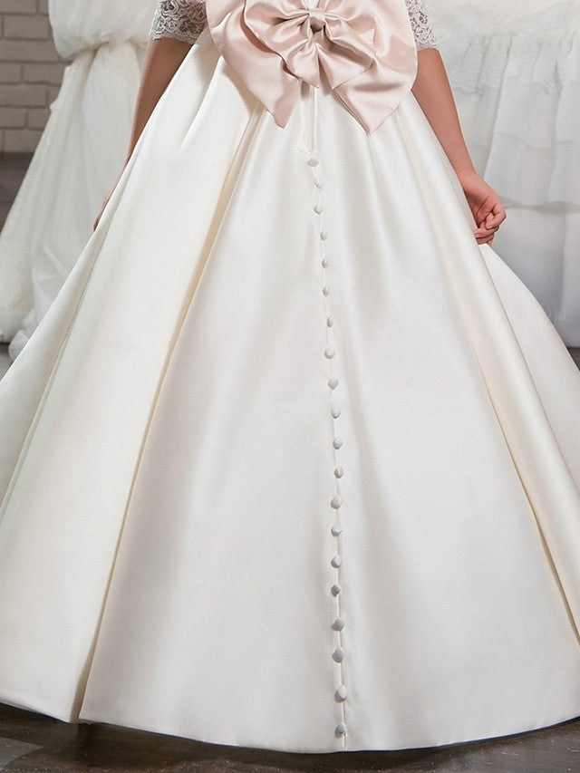 Lace Satin Half Sleeve V Neck Ball Gown Flower Girl Dress With Beading Appliques Crystals & Rhinestones-BallBride