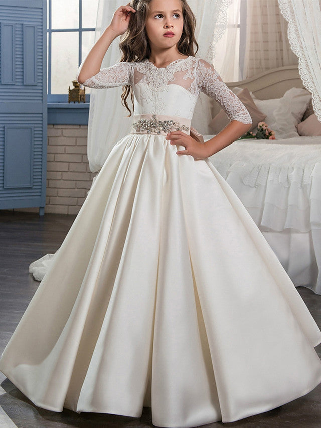 Lace Satin Half Sleeve V Neck Ball Gown Flower Girl Dress With Beading Appliques Crystals & Rhinestones-BallBride