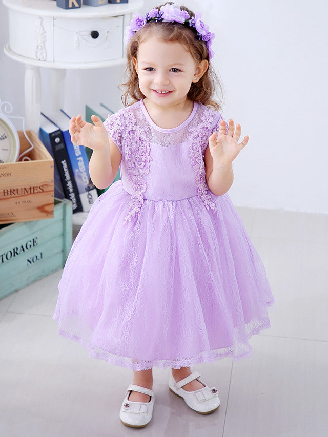 Lace Satin Tulle Flower Girl Dress with Bow Appliques | Short Sleeve Jewel Neck Ball Gown-BallBride