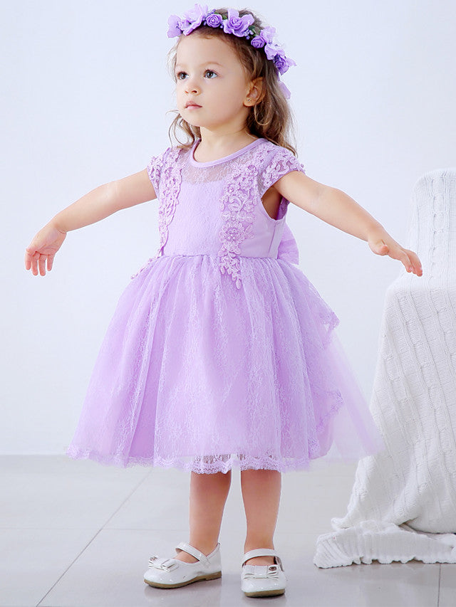 Lace Satin Tulle Flower Girl Dress with Bow Appliques | Short Sleeve Jewel Neck Ball Gown-BallBride