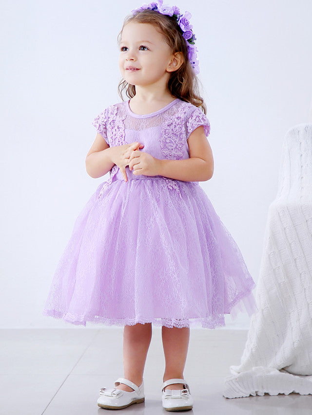 Lace Satin Tulle Flower Girl Dress with Bow Appliques | Short Sleeve Jewel Neck Ball Gown-BallBride