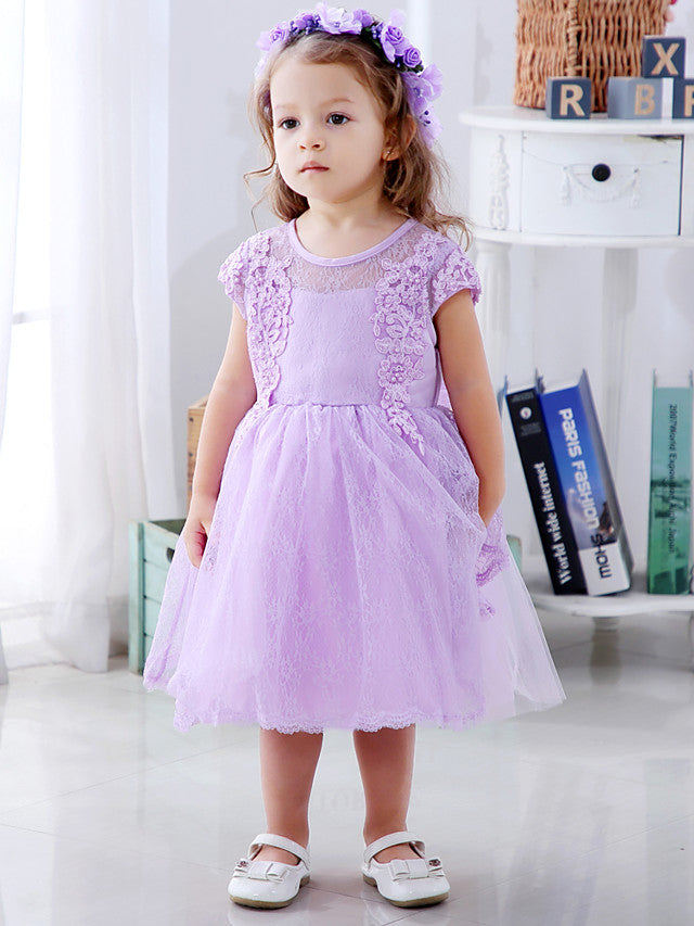 Lace Satin Tulle Flower Girl Dress with Bow Appliques | Short Sleeve Jewel Neck Ball Gown-BallBride