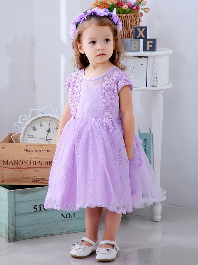 Lace Satin Tulle Flower Girl Dress with Bow Appliques | Short Sleeve Jewel Neck Ball Gown-BallBride