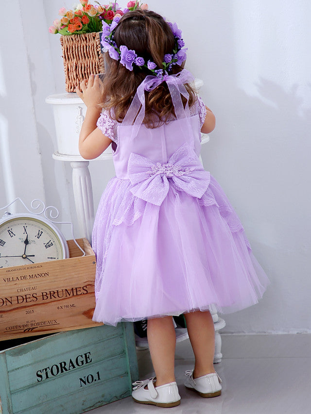 Lace Satin Tulle Flower Girl Dress with Bow Appliques | Short Sleeve Jewel Neck Ball Gown-BallBride