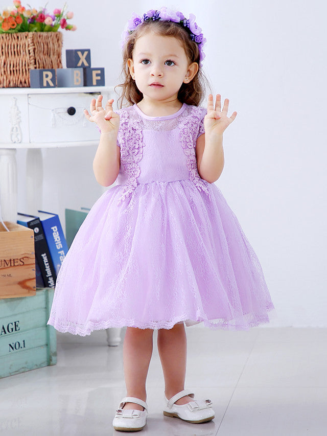 Lace Satin Tulle Flower Girl Dress with Bow Appliques | Short Sleeve Jewel Neck Ball Gown-BallBride