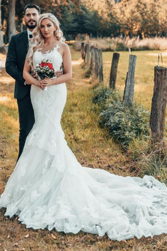 Lace Sleeveless Mermaid Wedding Dress With Chapel Train-BallBride