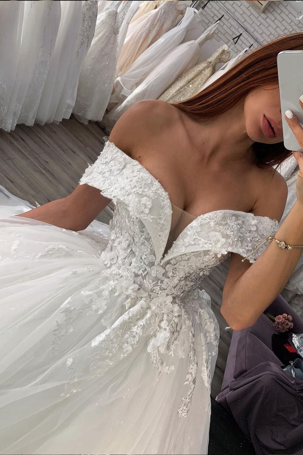 Lace Sweetheart Shiny Off The Shoulder Ball Gown Wedding Dress-BallBride