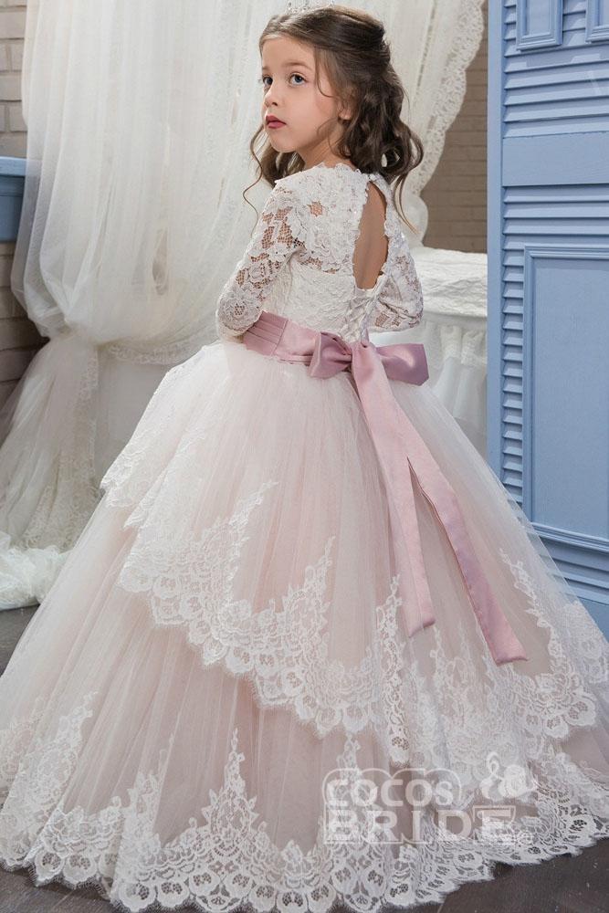 Lace-Trimmed Purple Ball Gown for Girls with Long Sleeves & Scoop Neck-BallBride